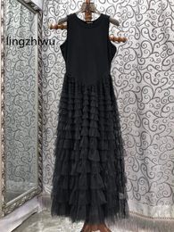 Casual Dresses Lingzhiwu Black Dress 2024 Summer Female Slim Waist Fashion Mesh Cake Sleeveless Tank Arrive