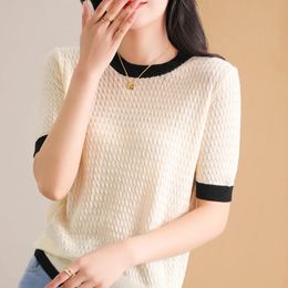 Summer Womens TShirt Wool Sweater Knitted Short Sleeve Casual Loose Top Round Neck Tshirt Fashion Shir 240426