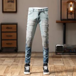 Men's Jeans Motorcycle High-End Stitching Design Fashionable All-Match Patch Gradient Color Retro Fashion Haulage Motor Trousers