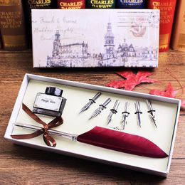 Vintage Coloured Feather High quality Quill Dip Pen Writing Ink Set Stationery Gift Box with 6 Nibs Calligraphy Fountain 240425