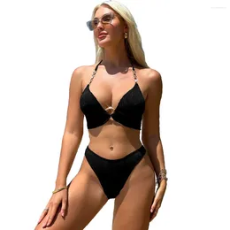 Women's Swimwear Sexy Triangle Push Up Bikini Set Ribbed Brazilian Ring Linked Bathing Suits Tied String Bikinis For Women Biquini
