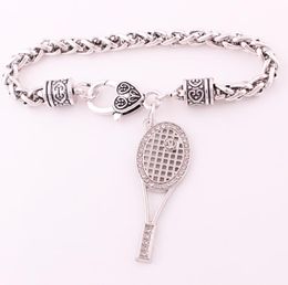 Silver Colour Sporty Style Tennis Racket Ball Charm Pendant With Sparkling Crystals Wheat Leather Bracelet Jewelry5206372