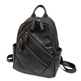 School Bags Black Genuine Leather Backpack Woman Casual Cow Bagpack Anti Theft Girls Double Shouder Bag