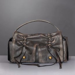 Moto Biker Bags For Women Luxury Designer Handbag And Purses In Distressed PU Leather Rivet Bow Underarm Shoulder Bag 240420