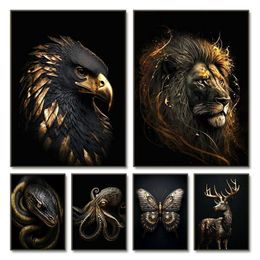 Wallpapers Black and Gold Eagle Lion Canvas Metal Poster Wall Art Nordic Deer Tiger Wolf Swan Living Room Decoration J240505