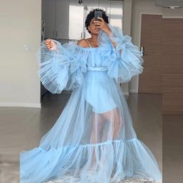 Casual Dresses Sky Blue Women Puffy Sleeve Tulle Strapless Long Sheer Dress Plus Size With Wasit Band Maxi Wear