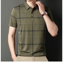 Mens Tshirt Short Sleeve Summer Turndown Collar Striped Printing Pockets Button Embroidery Plaid Polo Tee Fashion Casual Tops 240428