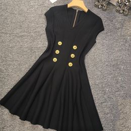 420 2024 Milan Runway Dress SPring Summer Short Sleeve V Neck Dresses White Blue Black Womens Dress Fashion High quality YL