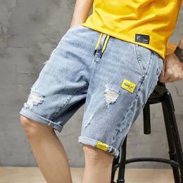 Mens Summer Ripped Denim Shorts Fashion Cuffed Hem Short Jeans Elastic Waist Mid Length Male Clothing 240417