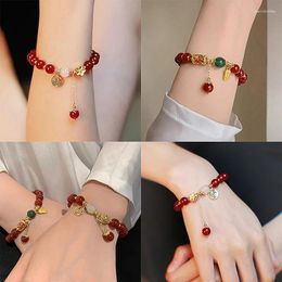 Bangle Chinese Style Lucky Charm Imitation Red Agate Flower Beaded Bracelets With Fu Sign For Women Exquisite Light Luxury Jewellery