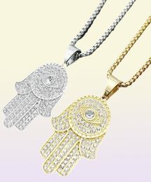 Hip Hop Iced Out Hamsa Hand Of Fatima Turkish Eye Pendant Necklace Gold Color Stainless Steel Chain For Men Jewelry Drop Necklaces7712265