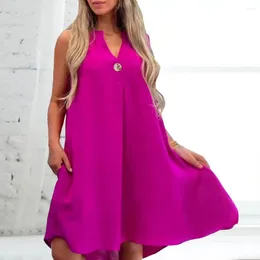 Casual Dresses Lady Dress Elegant V Neck A-line Midi With Button Decor For Women Dating Shopping Vacation V-neck