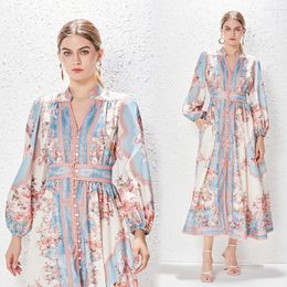 Casual Dresses 2024 Spring Summer Holiday Style Patchwork Print Single Breasted Long Sleeved Dress For Women's Vacation Vintage