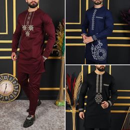 Kaftan Luxury Mens Embroidered Top Trousers 2-piece Set Dashiki African Traditional Ethnic Style Mens Wedding Dress 240426