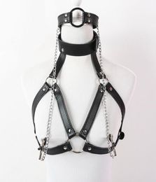 Bondage Sexy Faux Leather Lingerie Breast Binder Bra Top And Mouth Gag With Nipple Clamps Female Body Harness Fetish Restraint Cos7414067