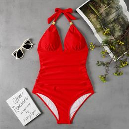 Women's Swimwear Classic Red Bikini Push Up Bandage Wrinkle HighWaist Swimsuit Women Vacation One-piece Brazilian Beach Bathing Suit