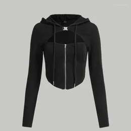 Women's Hoodies French Pure Desire Sexy Sweet Spicy Girl Style Solid Colour Hollow Asymmetric Hem Drawstring Hoodie