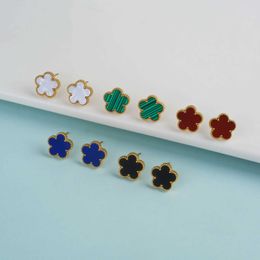 Stud Small And New Plum Blossom Plant Five Leaf Flower Earrings For Womens Stainless Steel Waterproof Cute Jewellery Clover H240504