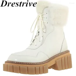 Boots Drestrive 2024 Snow Beige Size 42 Cow Patent Leather Lace Up Thick Heels Platform Non Slip Wool Winter Shoes Ankle