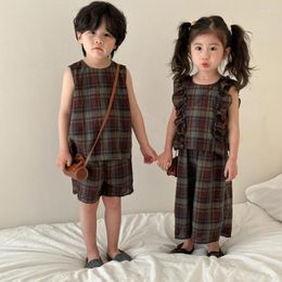 Clothing Sets Plaid Print Classic Children's Summer Suit Baby 2024 Boys' Vest Casual Sleeveless Top Girls' Wide Leg Pants