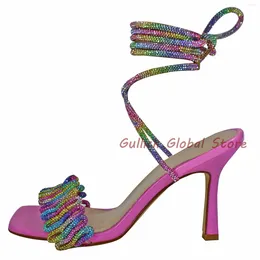 Dress Shoes 2024 Arrival Square Toe Bright Rhinestone Band Cross Tied Lace Up Stiletto Sandals Summer Elegant Sexy Fashionable Design