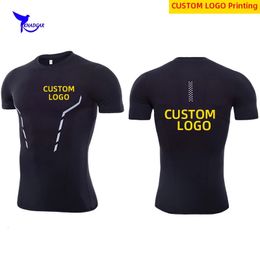 Customised mens short sleeved T-shirt summer V-neck T-shirt top quick drying compression sports running T-shirt elastic Rashguard 240425