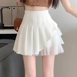 Skirts Gidyq White Tulle Patchwork Pleated Skirt Korea Preppy Style Women High Waist Mini Summer Fashion Sweet