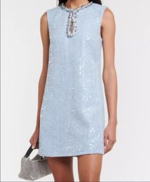 2024- Exquisite new s-elf Por * trait exquisite tweed hollowed out sequin round neck sleeveless diamond inlaid dress