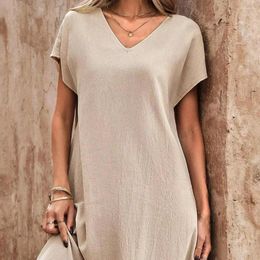 Party Dresses Vintage Women Solid Mini Dress Summer Fashion V-neck Three Quater Sleeve Cotton Linen Ladies Casual Holiday Vestidos