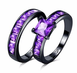 Noble purple rhinestone square CZ Zircon couple Rings Set black 18K Gold filled Wedding alliance For Women5944287