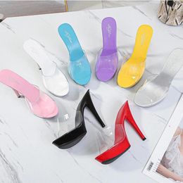 Slippers Peep Toe Jelly Colorful 13cm High Heels 3cm Platform Pumps Summer Transparent Female Slides Blue Yellow Valentine Shoes