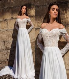 Affordable A Line Beach Wedding Gown Long Sleeve Off The Shoulder Sweep Train Winter Country Wedding Dress Lace Applique Plus Size6306368