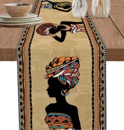 Ethinic Boho African Woman Linen Table Runners Dresser Scarf Table Decor Farmhouse Dining Table Runners Holiday Party Decoration 240430