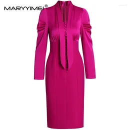 Casual Dresses MARYYIMEI Fashion Women's Bow Lace-Up Collar Fold Long-Sleeved Single-Breasted Office Lady Hip Wrap Elegant Chic MIDI Dress