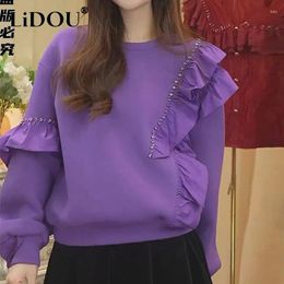 Women's Hoodies Autumn Winter Round Neck Ruffles Casual Fashion Add Velvet Sweatshirt Ladies Loose All-match Solid Colour Pullover Top Women