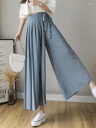 Women's Pants Summer Chic Chiffon Women Pleated Draw String Waist Wide Leg Trousers Elegant Streetwear Office Lady Work Culottes