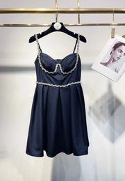 Casual Dresses 2024 Women's Fashion Sleeveless V-neck Diamond Chain Denim Suspender Dress 0408