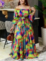 Casual Dresses Freeacy Off-the-shoulder Tied Waist Maxi Dress For Women Colorful Printed Puff Sleeves A-line Pleated Party 2024
