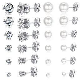 Stud Earrings 12 Pairs Stainless Steel Cubic Zirconia Pearl Ball Set 3-8mm Assorted CZ For Women Girls