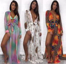 Summer Sexy Women Chiffon Kimono Bikini Cover Up Female Leopard Contrast Colour Split Cardigan Beach Maxi Blouses Coverups1336620