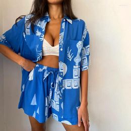 Women's Tracksuits Bohemian 2 Piece Set Graphic Print Short Sleeves Button Blouse Shirt Elastic Shorts Loungewear Summer Vacation Outfits