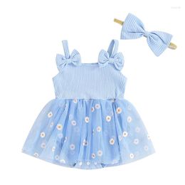 Rompers Born Girl Outfit Flower Print Sleeveless Tulle Patchwork Romper Dress With Bow Hairband Summer Clothes