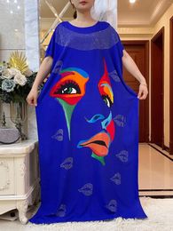 Ethnic Clothing African Summer Short Sleeve With Big Scarf Dress Printed Floral Diamonds Loose Boubou Maxi Islam Women Cotton Abaya