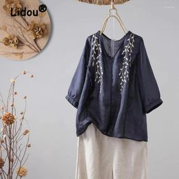 Women's Blouses Womens Vintage Ethnic Style Embroidery Cotton Linen Blouse Summer V Neck Short Sleeve Shirt Casual Solid Loose Tops Blusas