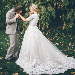 Lace Ball Gown Modest Wedding Dresses With Sleeves 2019 Puffy Princess Wedding Gowns Vintage Country Western Bridal Wedding Dress Buttons 268f