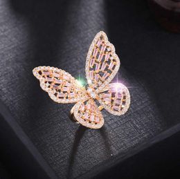 HUAMI Light Luxury Adjustable Butterfly Rings for Women Hollow Out Fingel Open Ring Pink White Colour Zircon Jewelry1678848