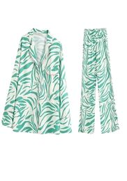 2020 NEW Summer Spring Women 2 pieces Set white green printed full Sleeve blouse long pants Suit female casual woman clothes Y20074173092