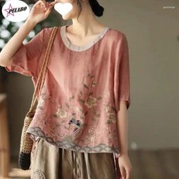 Women's Blouses PULABO Cotton Linen Embroidered Floral Chinese Classic Loose Shirt Top Casual Retro O Neck Short Sleeve Summer