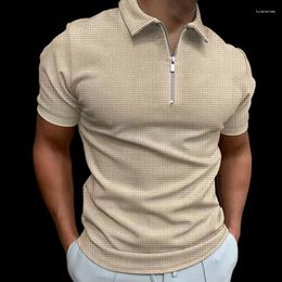 Men's Polos 2024 Summer Zipper Waffle Polo Shirt Short Sleeve Lattice Casual T-shirt Men Thin Solid Colour