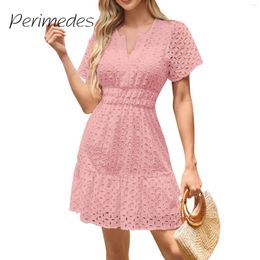 Casual Dresses Ladies V-Neck Dress 2024 Summer A-Line Hollow Flowy Bright Solid Colour Lace Pleated Short Sleeved Fashion Vestidos